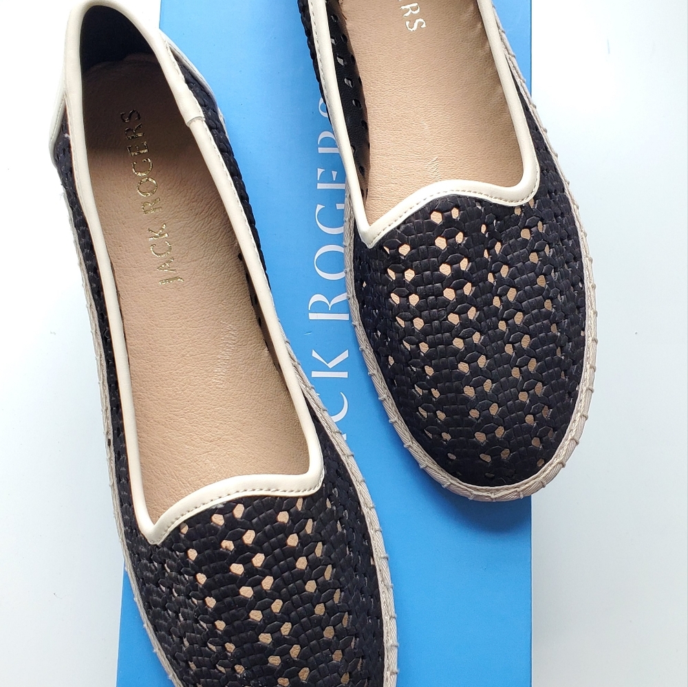 Jack Rogers Black Woven Leather Flats with Cream Trim